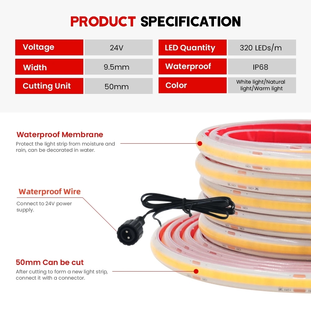24V COB-Streifen IP68 wasserdi – Outdoor Power Strip Weatherproof Bewertung und Preis
